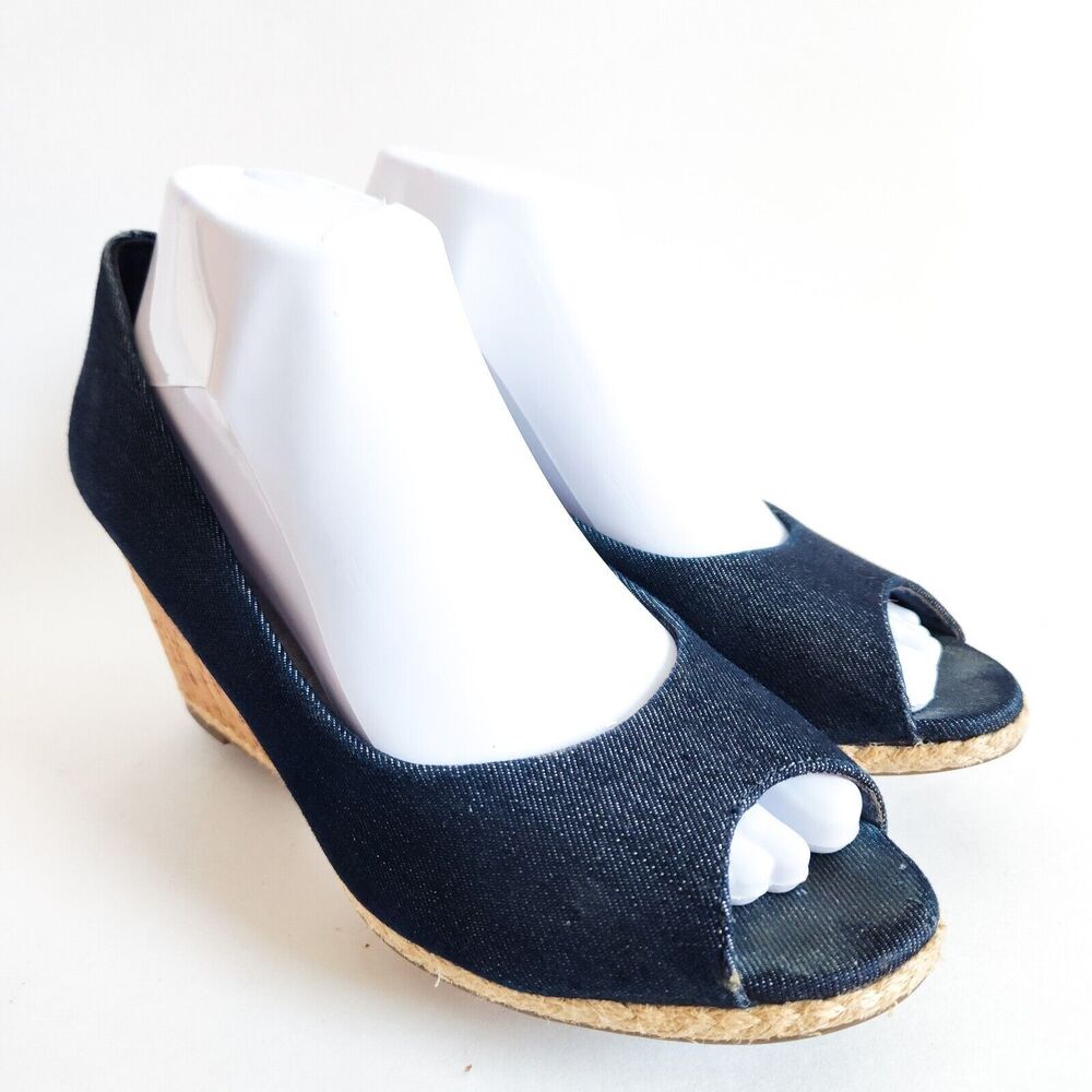 Kelly & Katie Blue Denim Peep Toe Cork 3" Wedges Size 9 Coquette Western Lolita